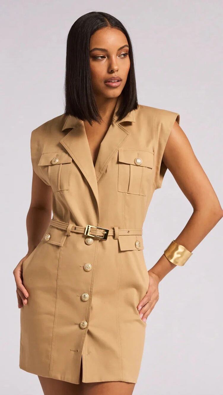 Generation Love Gabardine Dress Tan Women’s XS Golden Buttons Belted